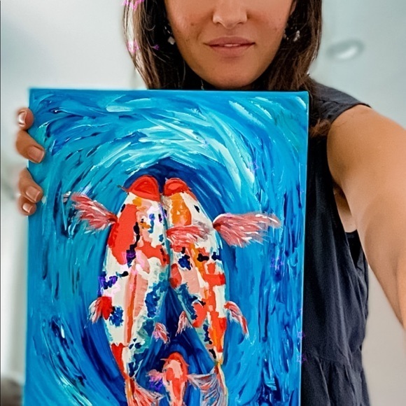 Painting of 3 Koi Fish Original Art Acrylic Painting Canvas Pisces Artwork Wall - Picture 3 of 11